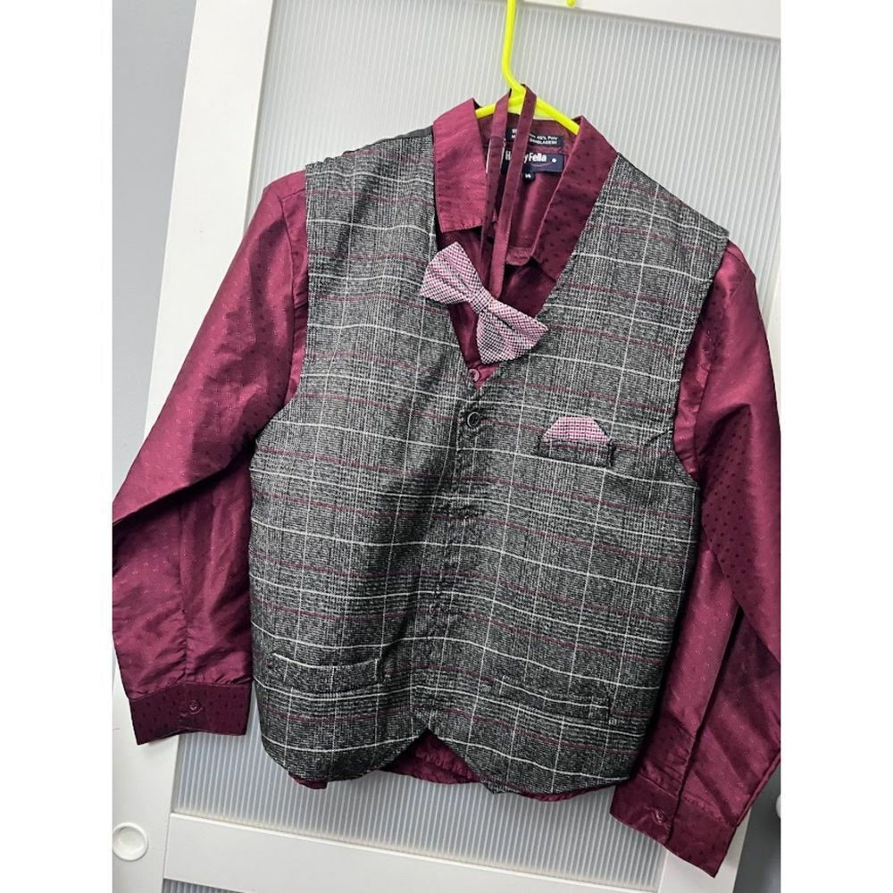 A_ Happy Fella Size 14 Boys Burgundy Collard shirt and Gray Plaid Vest w/bow tie